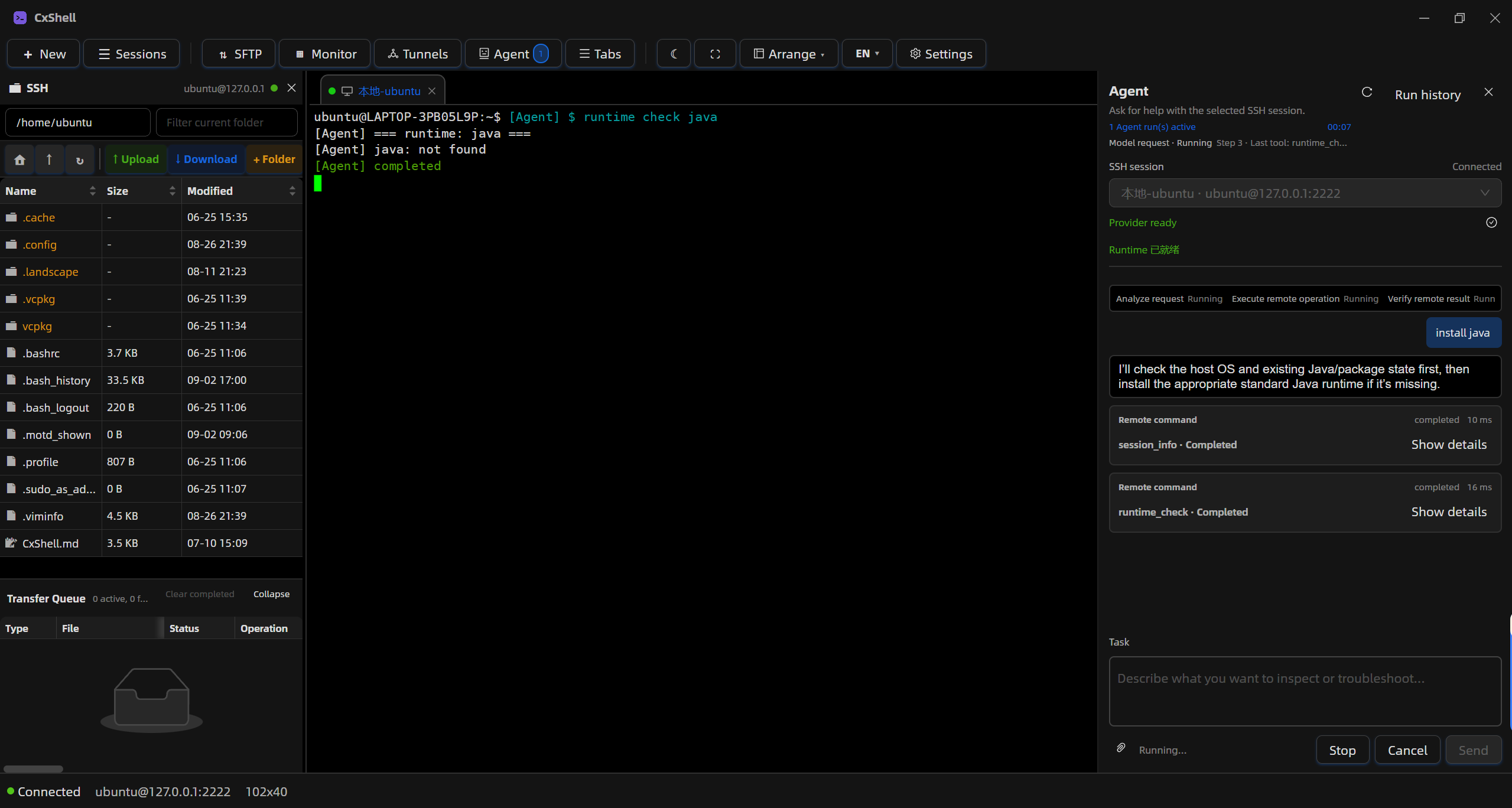 CxShell SSH, SFTP, monitoring, and Agent workspace
